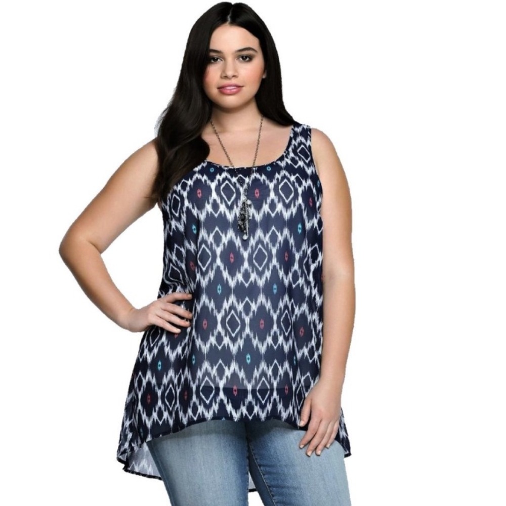 Torrid Navy and White Ikat Print Chiffon Tank Top